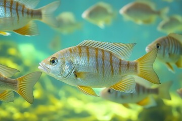 Fototapeta premium Bright fish swimming in blue water with a school in background