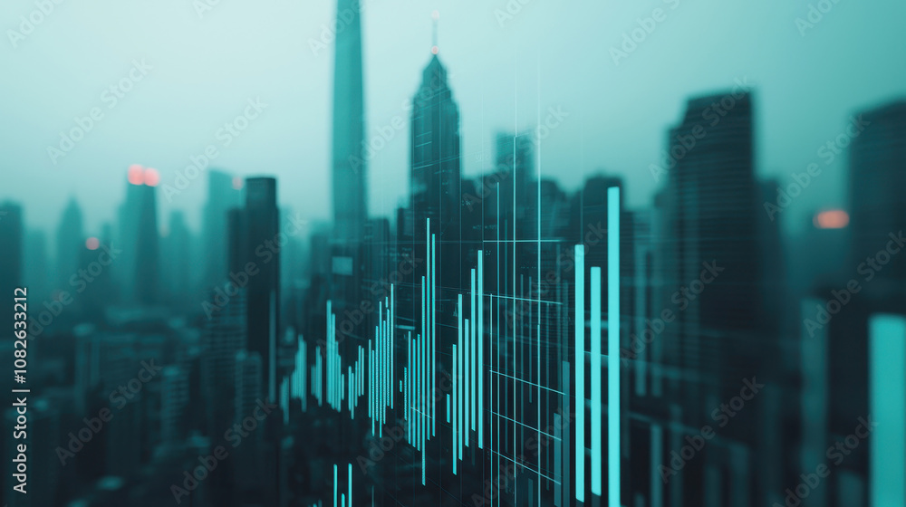 Poster urban skyline with digital data visualization overlay, showcasing modern architecture and technology