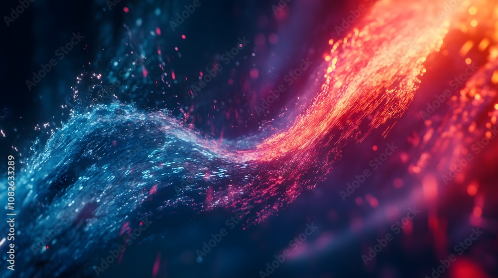 Poster A conceptual image of a digital data stream cascading across an abstract, neon background, representing innovation and technology. 4k resolution, cinematic scene