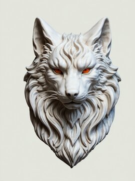 mythical creature kitsune marble statue head bust on white background