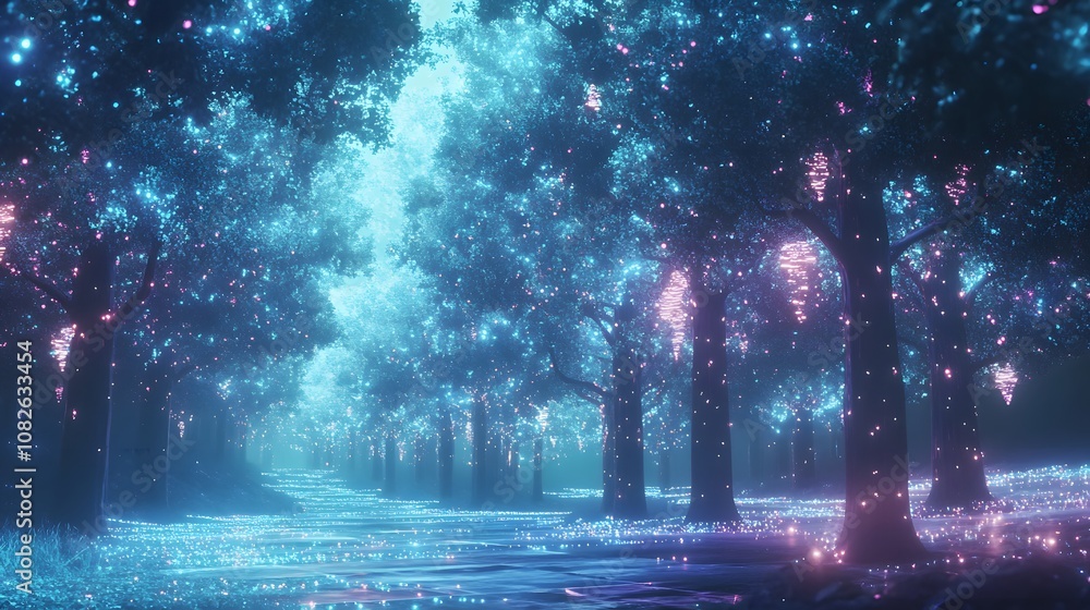 Poster A digital forest of glowing trees and surreal floating particles, creating a hyper-futuristic vision of nature and technology. 4k resolution, cinematic scene
