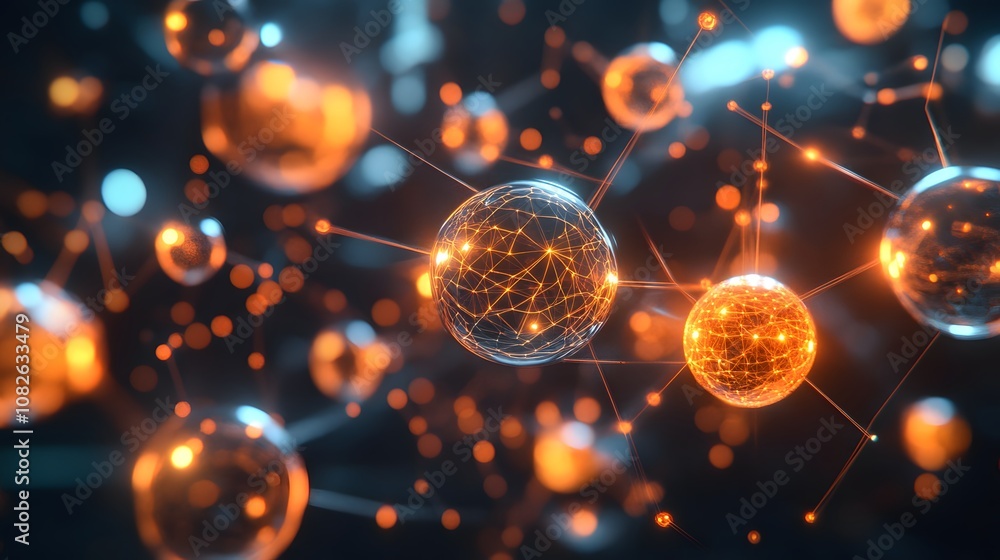 Poster A sci-fi inspired grid structure with layers of floating orbs, representing data, hovering in a dark conceptual space. 4k resolution, cinematic scene