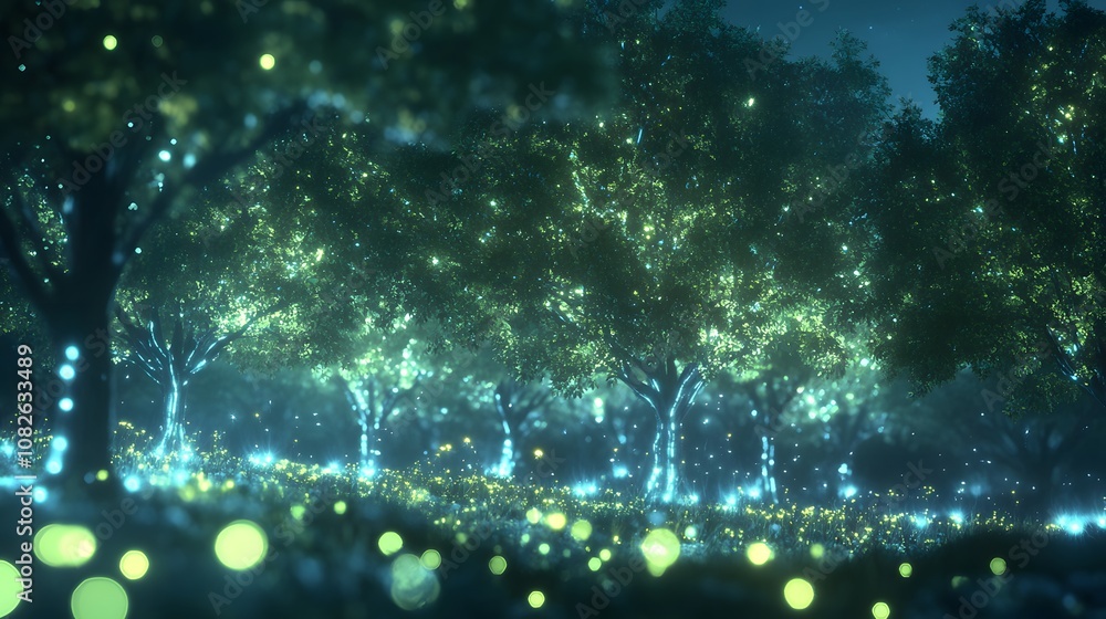 Poster A digital forest of glowing trees and surreal floating particles, creating a hyper-futuristic vision of nature and technology. 4k resolution, cinematic scene