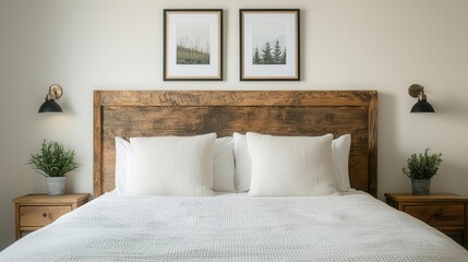 Rustic bedroom with distressed wood bed frame, mountain landscape artwork, cozy blankets, warm lighting