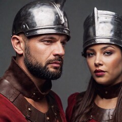 extreme macro portrait medieval couple in armor, very detailed, full 8k wide focus, portrait close up