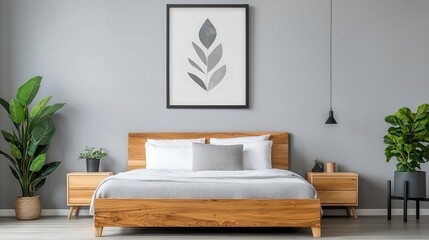 Contemporary bedroom with wooden platform bed, geometric artwork, sleek modern design, natural light