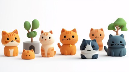 Naklejka premium Forest Cat Family: Adorable Cat Figures in Harmony with Nature