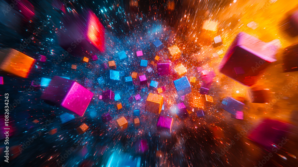 Poster Brightly colored cubes drift through a vivid cosmic backdrop, creating a dynamic and surreal atmosphere of motion and energy