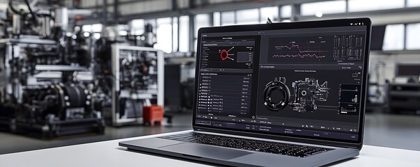 Fototapeta premium A laptop displaying engineering data in a modern industrial setting.