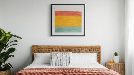 Bohemian bedroom with woven bed frame, colorful artwork on walls, eclectic decor, bright space
