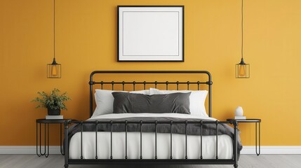 Contemporary bedroom with metal bed frame, bold abstract painting above, monochrome design, open space
