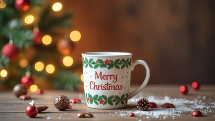 Fototapeta premium Christmas hot mug merry christmas on the wooden table on a festive background, tea or coffee, copy space