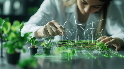 Innovative woman analyzing renewable energy concepts with plants and wind turbines. She is focused on sustainable development and environmental technology