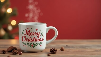 Fototapeta premium Christmas hot mug merry christmas on the wooden table on a red background, tea or coffee, copy space