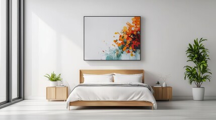 Fototapeta premium Modern bedroom with minimalist bed frame, large abstract painting above, sleek decor, open bright space
