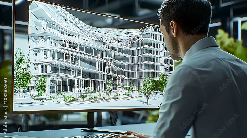 Poster a person analyzing a digital architectural model on a computer screen.