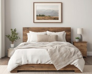 Rustic bedroom with reclaimed wood bed frame, vintage landscape artwork, soft lighting, warm tones