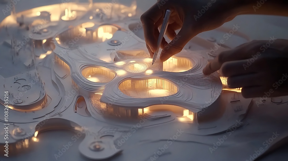 Poster a hands-on architectural model illuminated with lights, showcasing intricate design details.