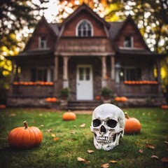 Fototapeta premium full shot of a haunted house adorned with creepy Halloween decorations, captured with a soft focus. The eye-level shot gives the scene a natural perspective, with the photo style emphasizing the haunt