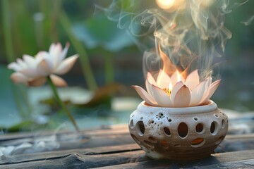 Pink lotus flower candle burning with smoke and pond in background