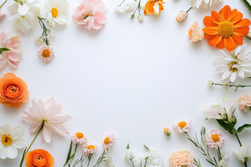 Floral frame background featuring vibrant flowers in various colors, creating cheerful and happy atmosphere. Perfect for invitations or greeting cards