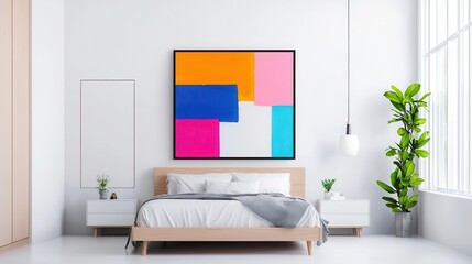 Scandinavian bedroom with simple wood bed frame, pastel abstract artwork, soft textiles, bright space