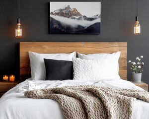 Rustic bedroom with distressed wood bed frame, mountain landscape artwork, cozy blankets, warm lighting