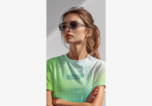 Stylish T-Shirt Mockup: Woman in Chic Print Tee & Sunglasses Against Pristine White Backdrop Generative AI