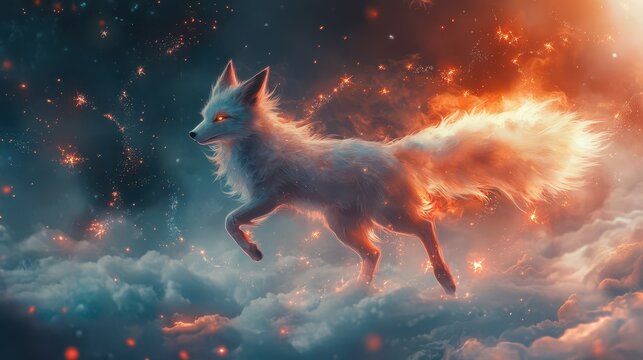 Ethereal Kitsune Dance: Star Foxfire and Floating Zen Gardens, Nine Tails Forming Constellation Paths in a Mystical Atmosphere. High-Resolution Spiritual Design.