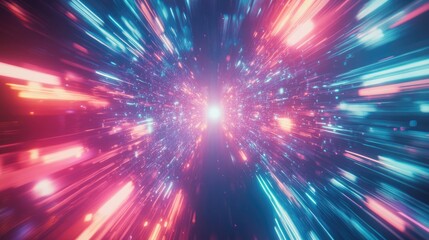 Obraz premium Futuristic Light Speed Digital Art: Vibrant Neon Streaks in Motion with Pink, Blue, and Purple Hues. Dynamic Abstract Background for Technology, Data Transfer, and Sci-Fi Concepts