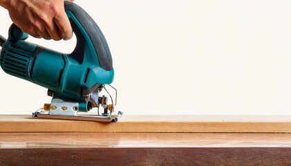 A close-up shot of a craftsman engaged in a DIY woodworking project. The scene captures a male carpenter using an electric circular saw (Marunoko) on a tabletop to cut through a piece of lumber. Wood