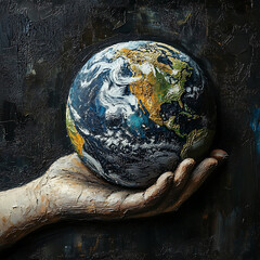 hand holds detailed globe, symbolizing care for Earth. artwork showcases vibrant colors and textures, evoking sense of responsibility and connection to our planet