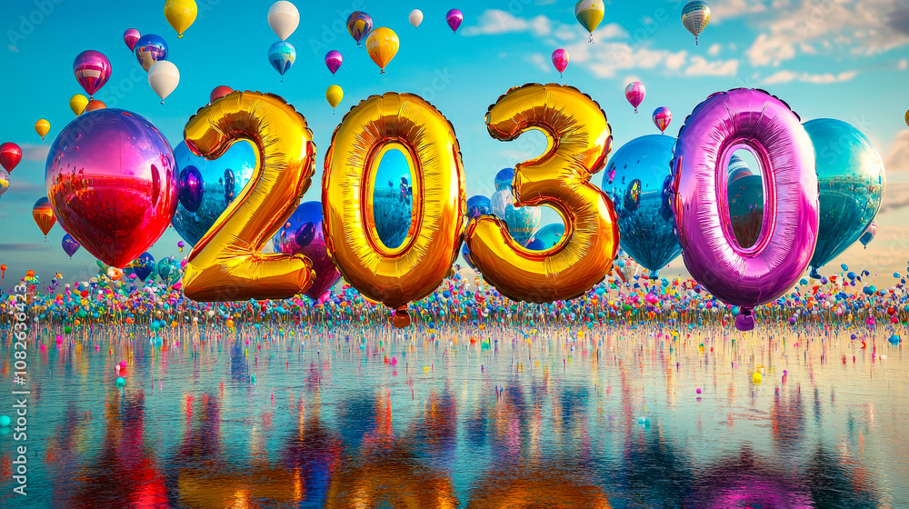 Poster brightly colored balloons surround large metallic numbers representing the year 2030 against a clear