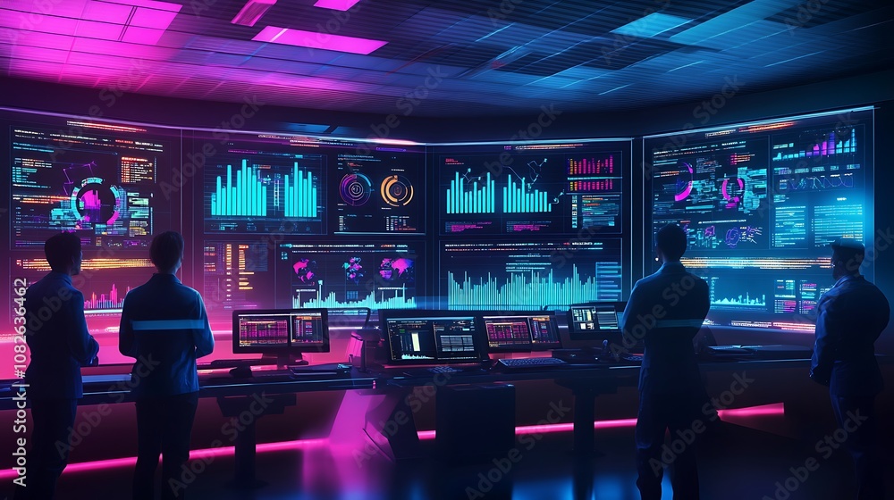 Poster a futuristic control room filled with data screens and analytics for monitoring systems.