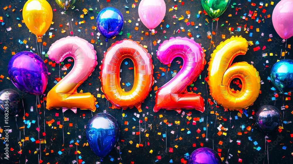 Poster bright balloons spell out the year 2026 against a backdrop of colorful confetti, creating a lively p