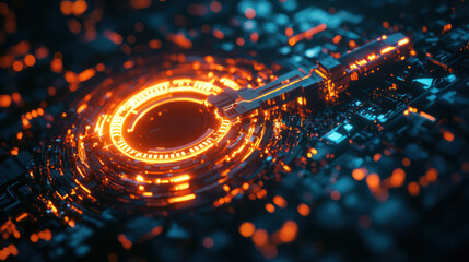 Abstract Visualization of Cybersecurity with Digital Locks and Codes Overlaid on a Futuristic High-Tech Circuit Design Representing Data Protection Layers