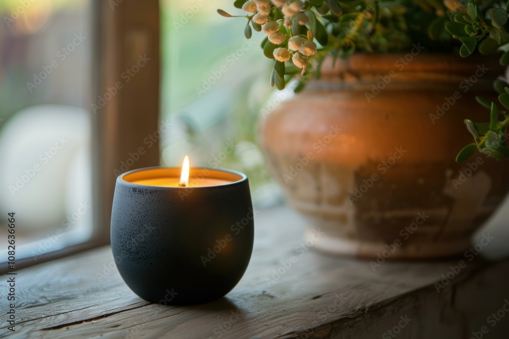 Poster burning candle is casting a warm glow on a rustic windowsill, creating a cozy and inviting atmospher