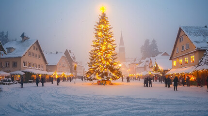 Fototapeta premium The town square is illuminated by a large Christmas tree, surrounded by people celebrating in the snowy atmosphere of winter festivities