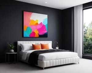 Contemporary bedroom with upholstered bed frame, large abstract painting, sleek decor, natural lighting