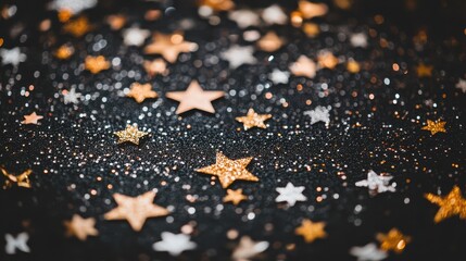 Close-Up of Shimmering Confetti Stars on Soft Background Providing a Dreamy and Celebratory Atmosphere for Creative Projects and Celebrations