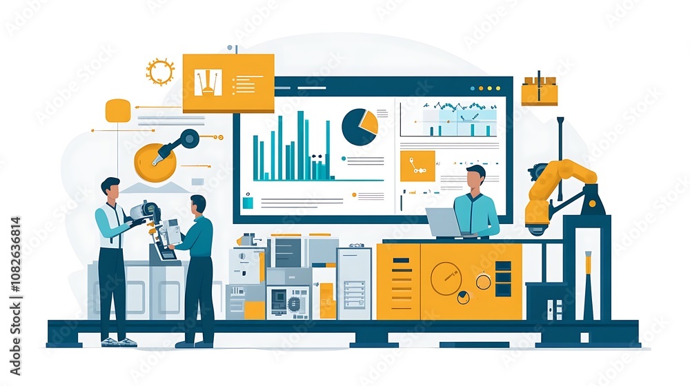 Poster illustration of a modern industrial workspace with data analysis and robotic automation.