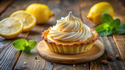 A Delectable Lemon Tart with Swirled Whipped Cream, Surrounded by Fresh Mint and Lemon Slices on a Rustic Wooden Table