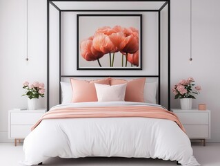 Elegant bedroom with canopy bed frame, floral artwork above, soft linens, natural light, luxurious vibe