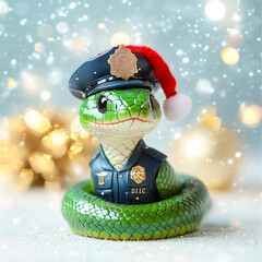 Festive green snake in a police uniform wearing a Santa hat among holiday lights and decorations indoors