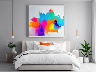 Modern bedroom with upholstered bed, vibrant abstract artwork, sleek decor, neutral tones, and soft lighting