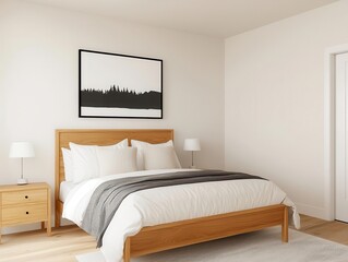 Bedroom with classic wooden bed frame, black and white artwork on wall, cozy textiles, soft lighting