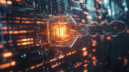 Key Illuminating Encryption Codes in a Futuristic Digital Landscape with a Transparent Effect and a Glowing Energy Source in a State-of-the-Art Technological Environment