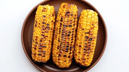 Three grilled corn on the cob placed on a brown plate, showcasing charred and golden kernels, against a white background.