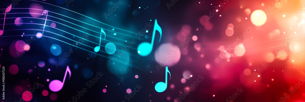 Poster Vibrant musical notes float across a dynamic background illuminated by colorful lights, creating a lively atmosphere that evokes joy and creativity