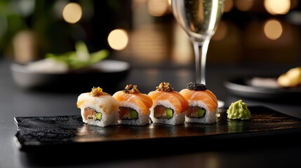 Luxurious sushi presentation with toro sashimi and truffle-topped rolls, paired with a glass of champagne on a sleek black plate with gold accents, capturing an elegant fine-dining experience 